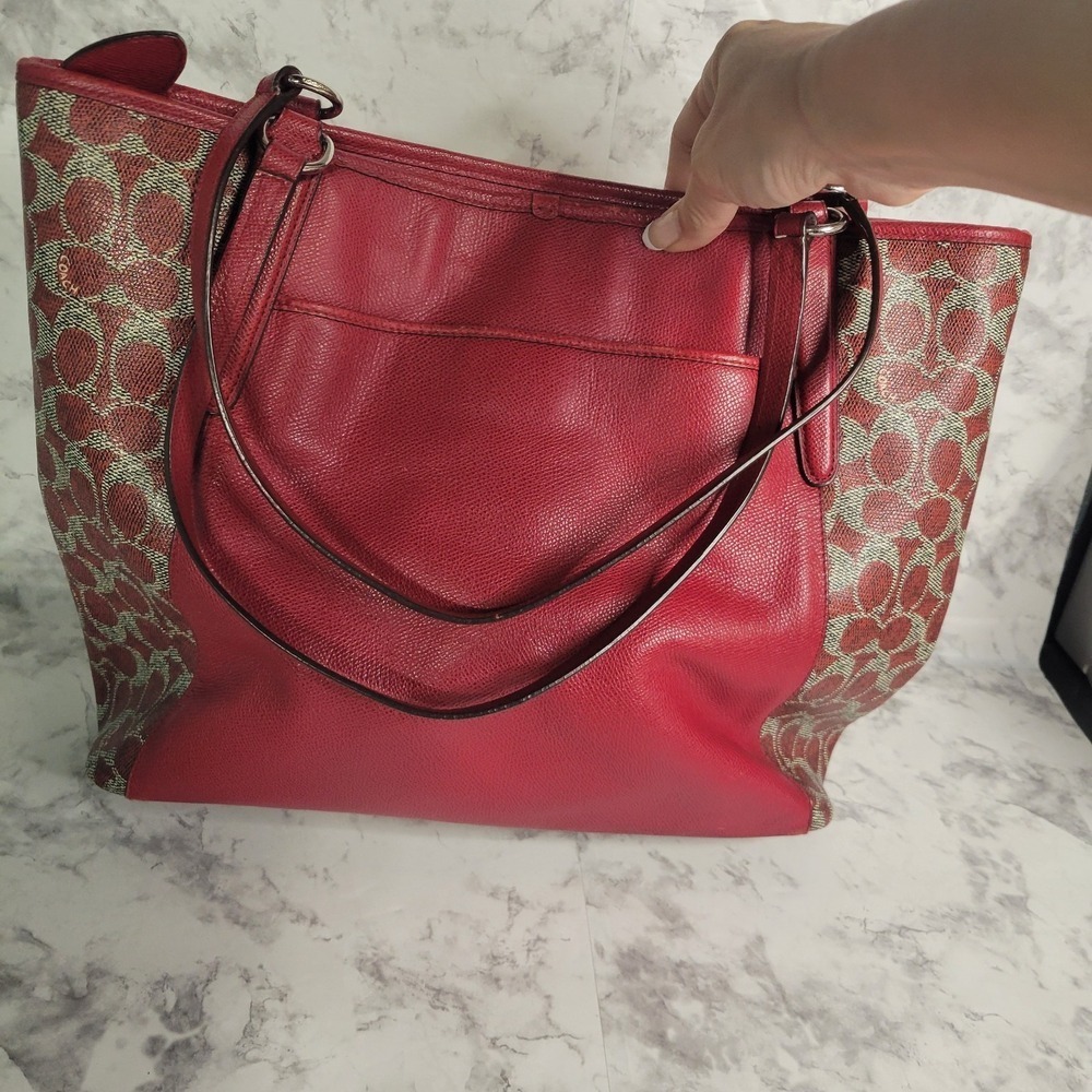 Coach Red Pebbled Leather Signature Canvas Tote Bag Silver Hardware - Picture 6 of 12